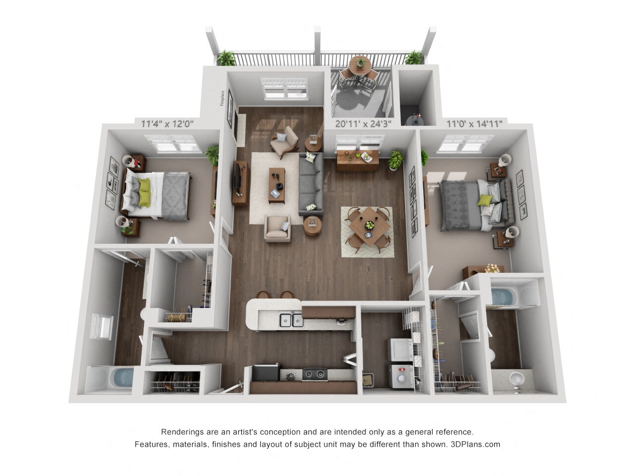 Floor plan for 2 beds, 2 baths, 1244 sqft